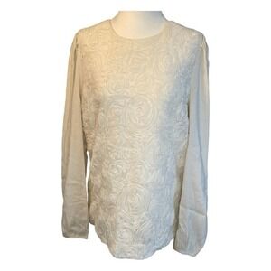 Mixxo Floral Lace Blouse Ivory Rosette Embellished Crewneck Long Sleeves‎ M